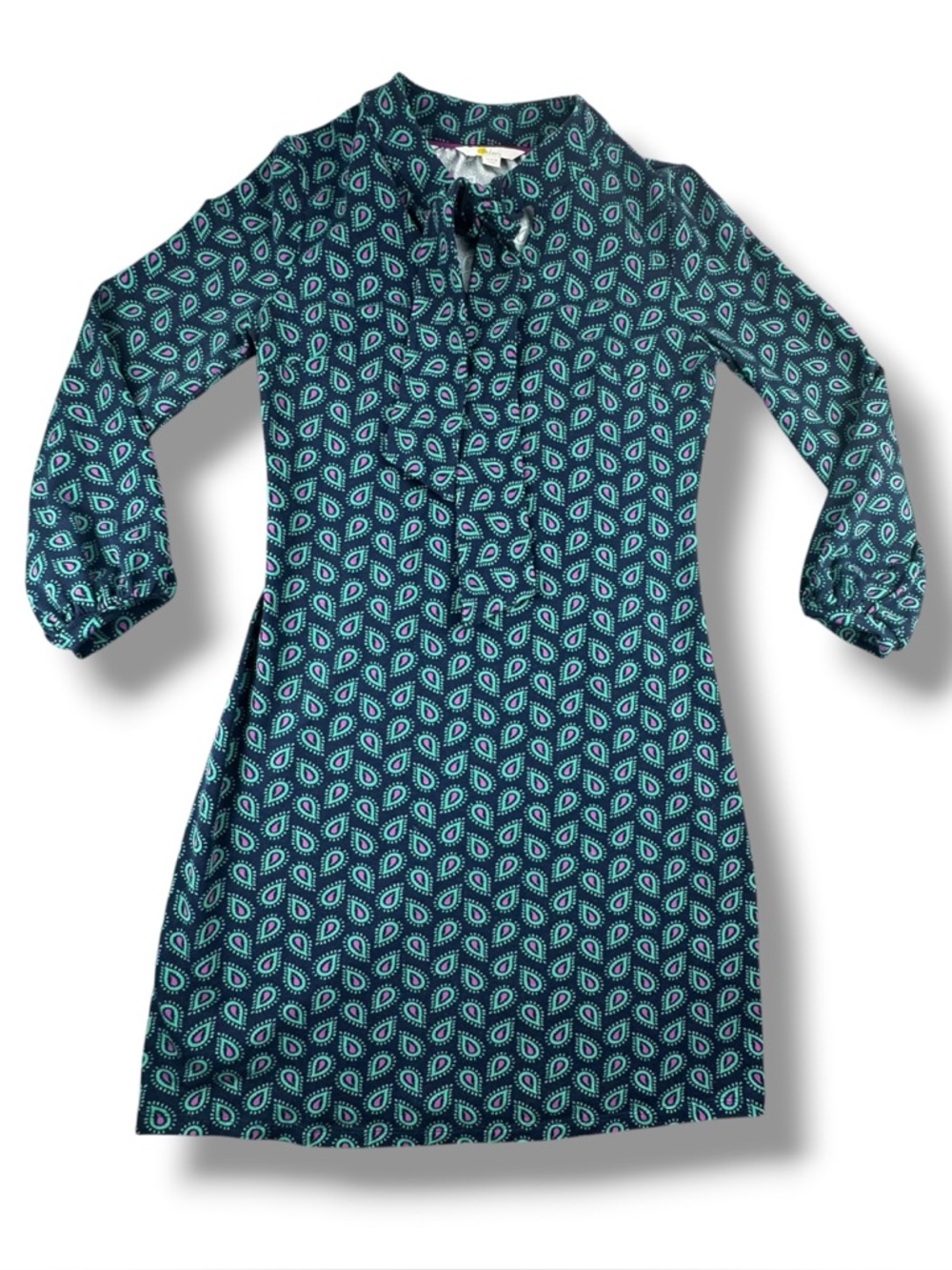 Boden Paisley Neck Tie Long Sleeve Mini Dress Size US 2R Blue Purple